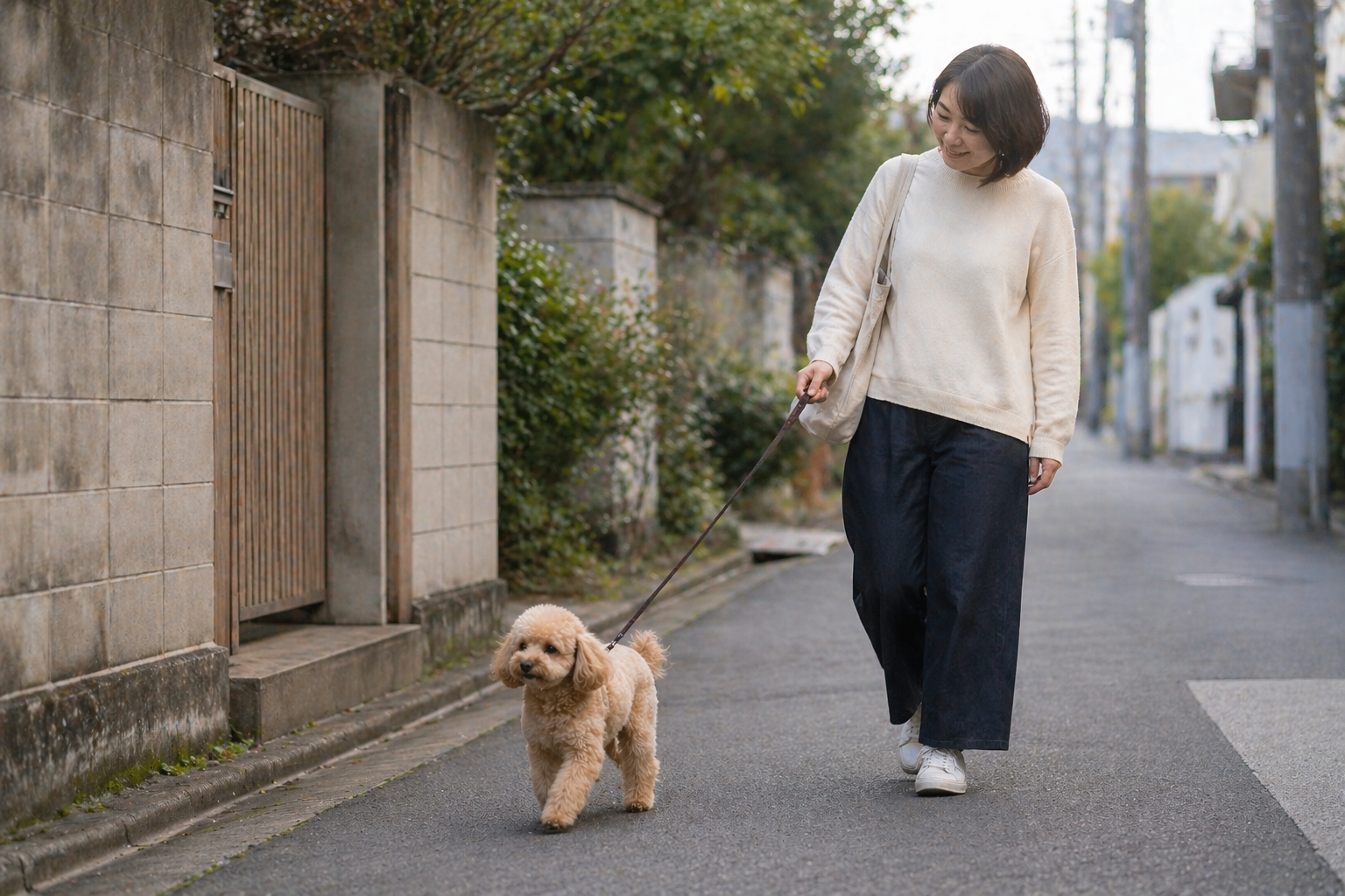 日本らしい街並みの中での穏やかな散歩風景